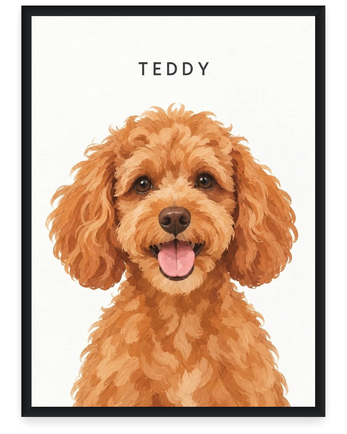 Custom dog portrait made from a photo, in a black frame