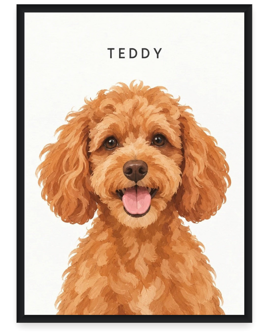 Custom dog portrait made from a photo, in a black frame