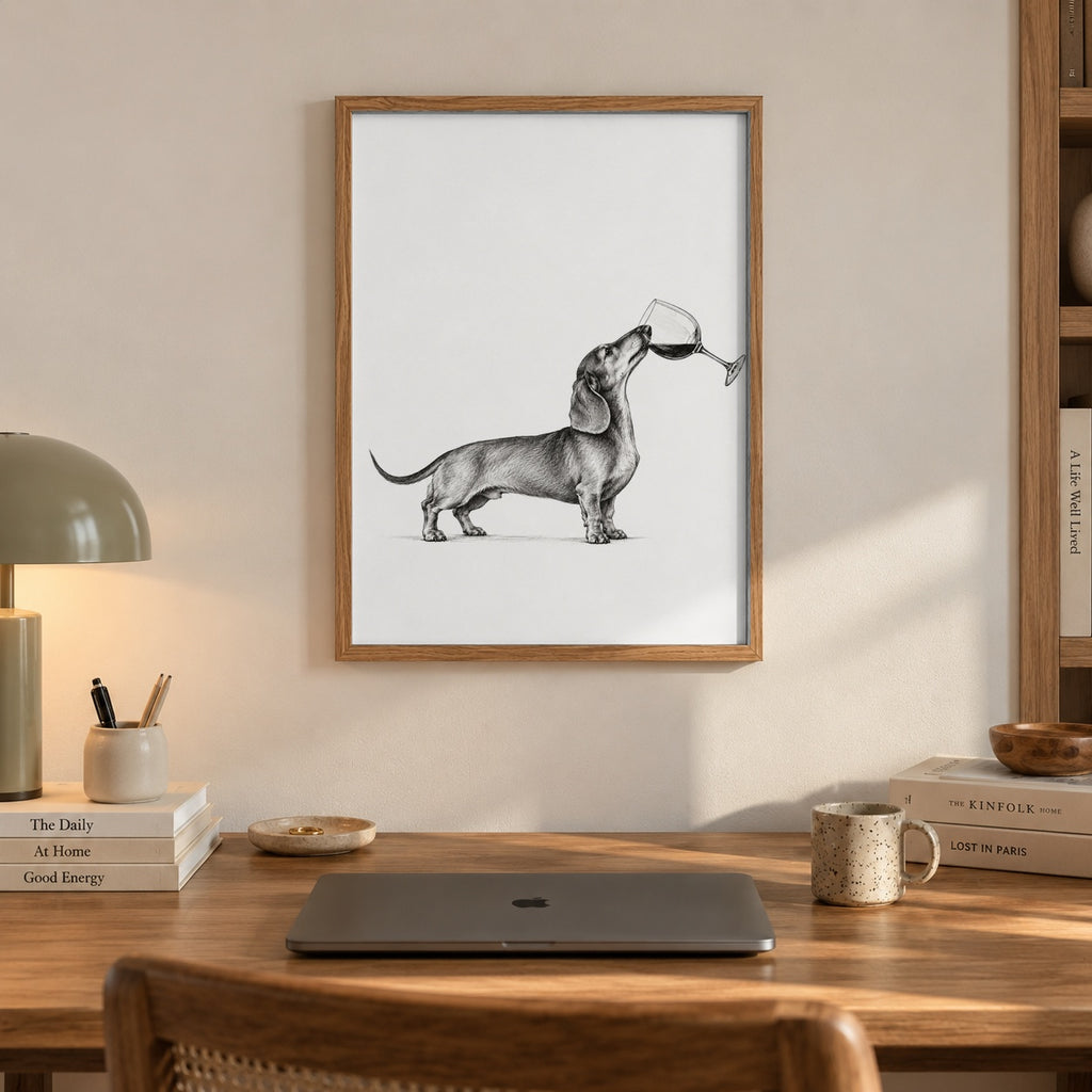 Dachshund wine balance ink drawing — artwork close-up