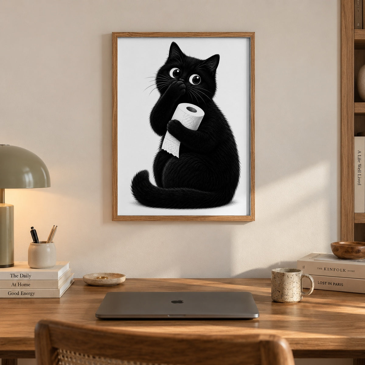 Toilet paper cat ink drawing — artwork close-up