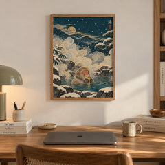A Japanese snow monkey soaks peacefully in a hot spring beneath a golden moon and swirling steam clouds — artwork print detail