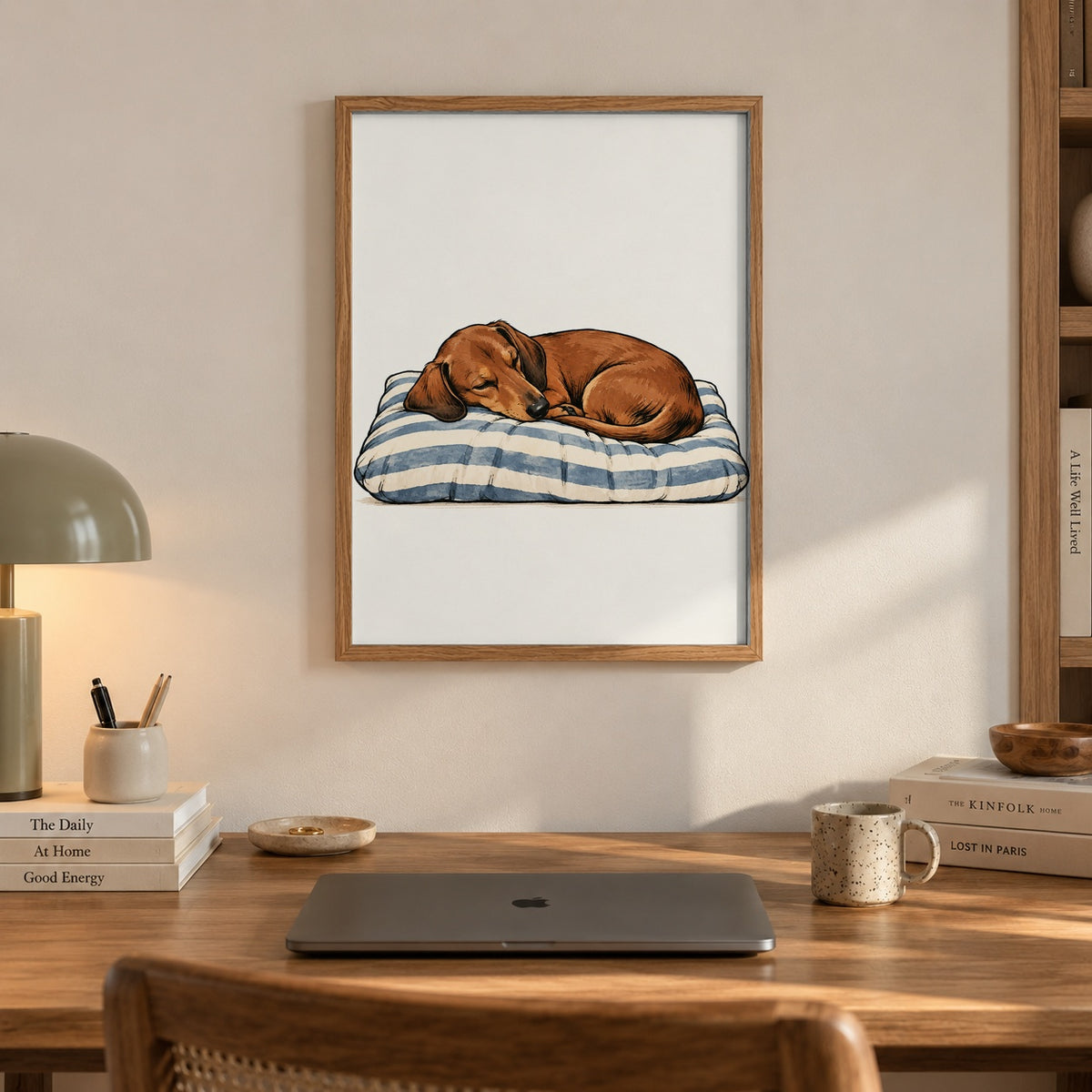 A curled-up dachshund dozes peacefully on a cozy blue-striped cushion — artwork print detail