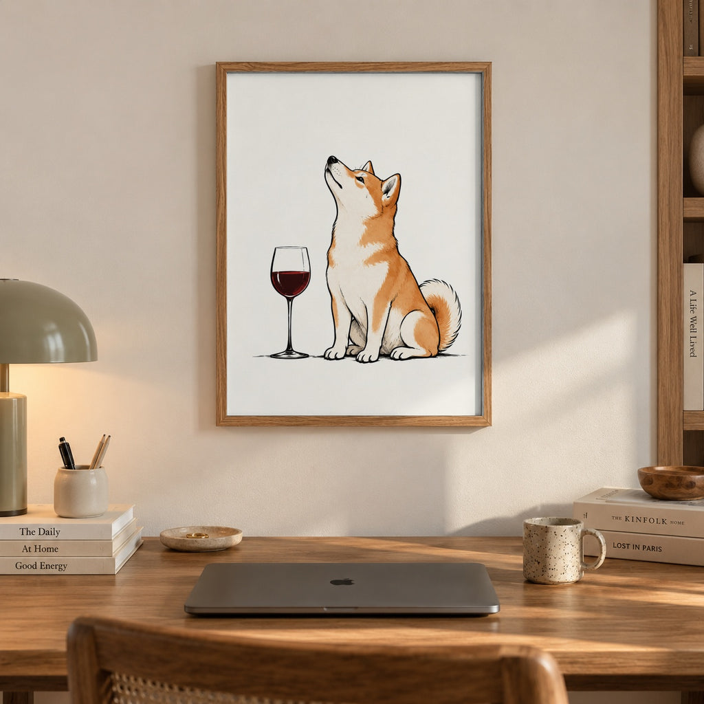 A charming Shiba Inu sits proudly beside a glass of red wine, nose tilted skyward — artwork print detail