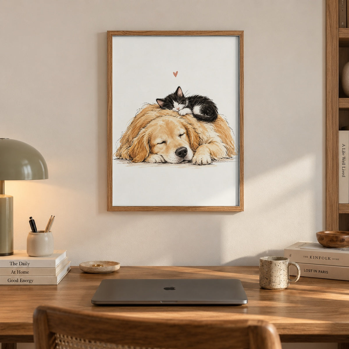 A cozy watercolor scene of a golden retriever napping peacefully with a tiny black and white kitten curled up on its head — artwork print detail