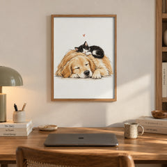A cozy watercolor scene of a golden retriever napping peacefully with a tiny black and white kitten curled up on its head — artwork print detail
