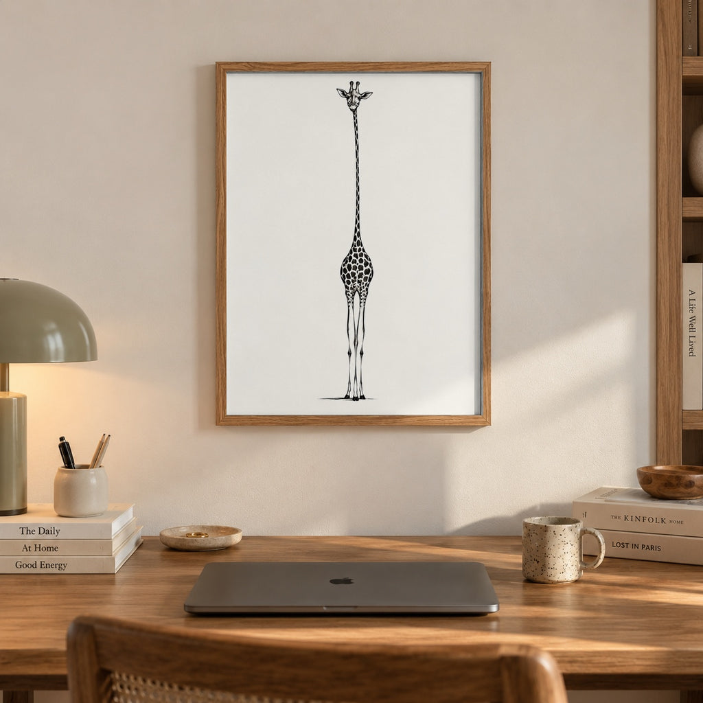 A striking minimalist portrait of a giraffe, drawn in fine ink detail against a soft cream background — artwork print detail