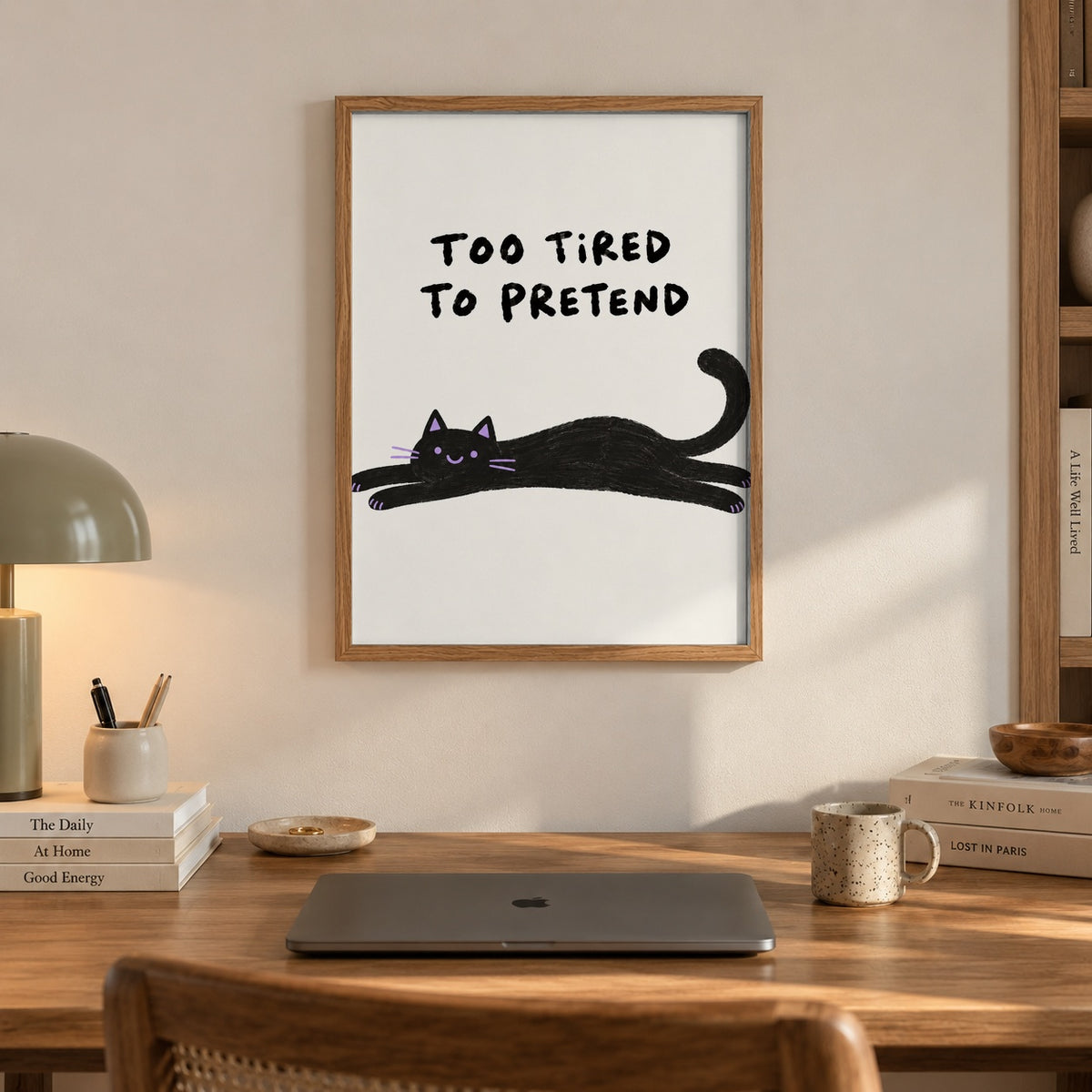 A sprawled-out black cat with a cheeky little smile, too tired to pretend anymore — artwork print detail