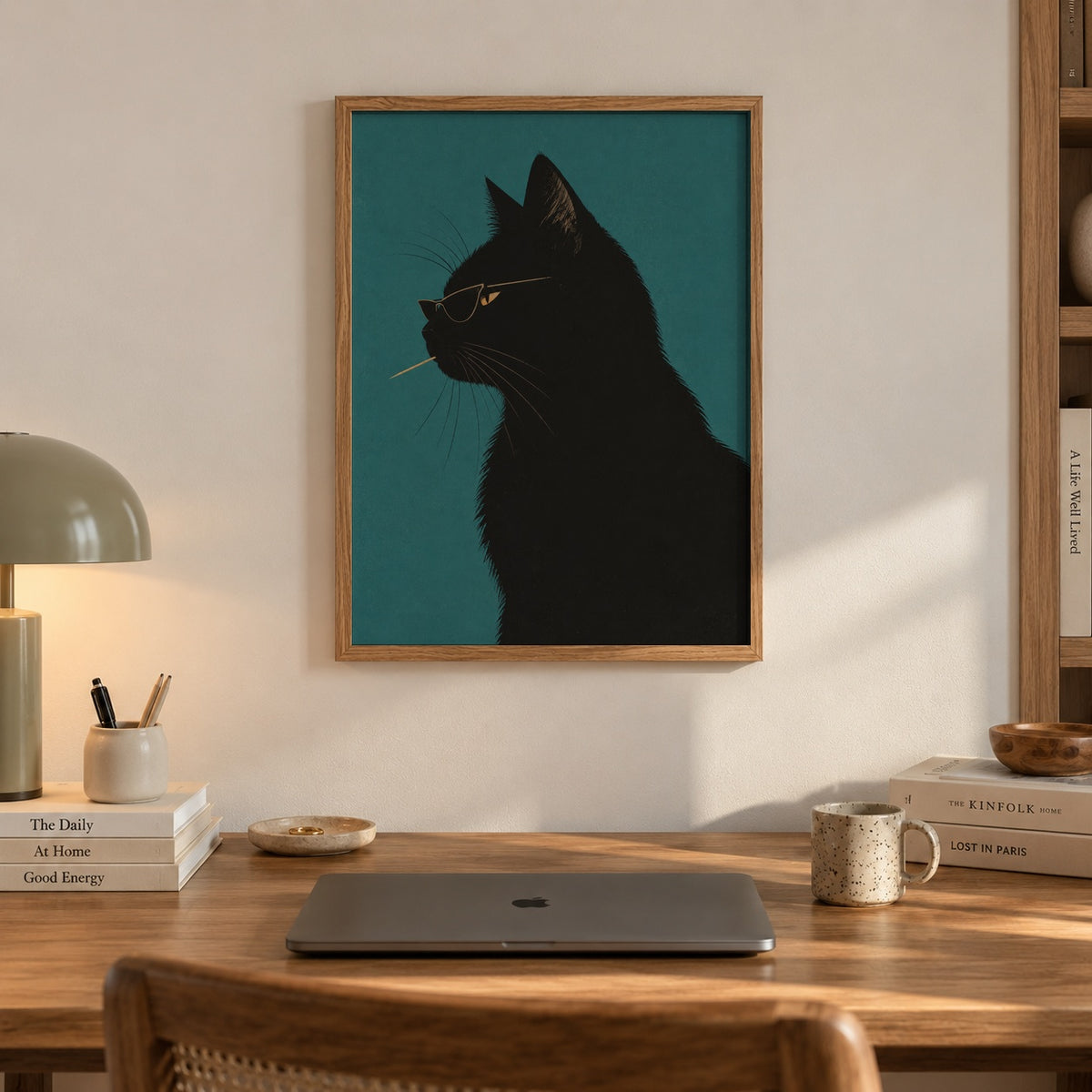A sleek black cat profile, shades on and toothpick in mouth, poses against a deep teal backdrop — artwork print detail