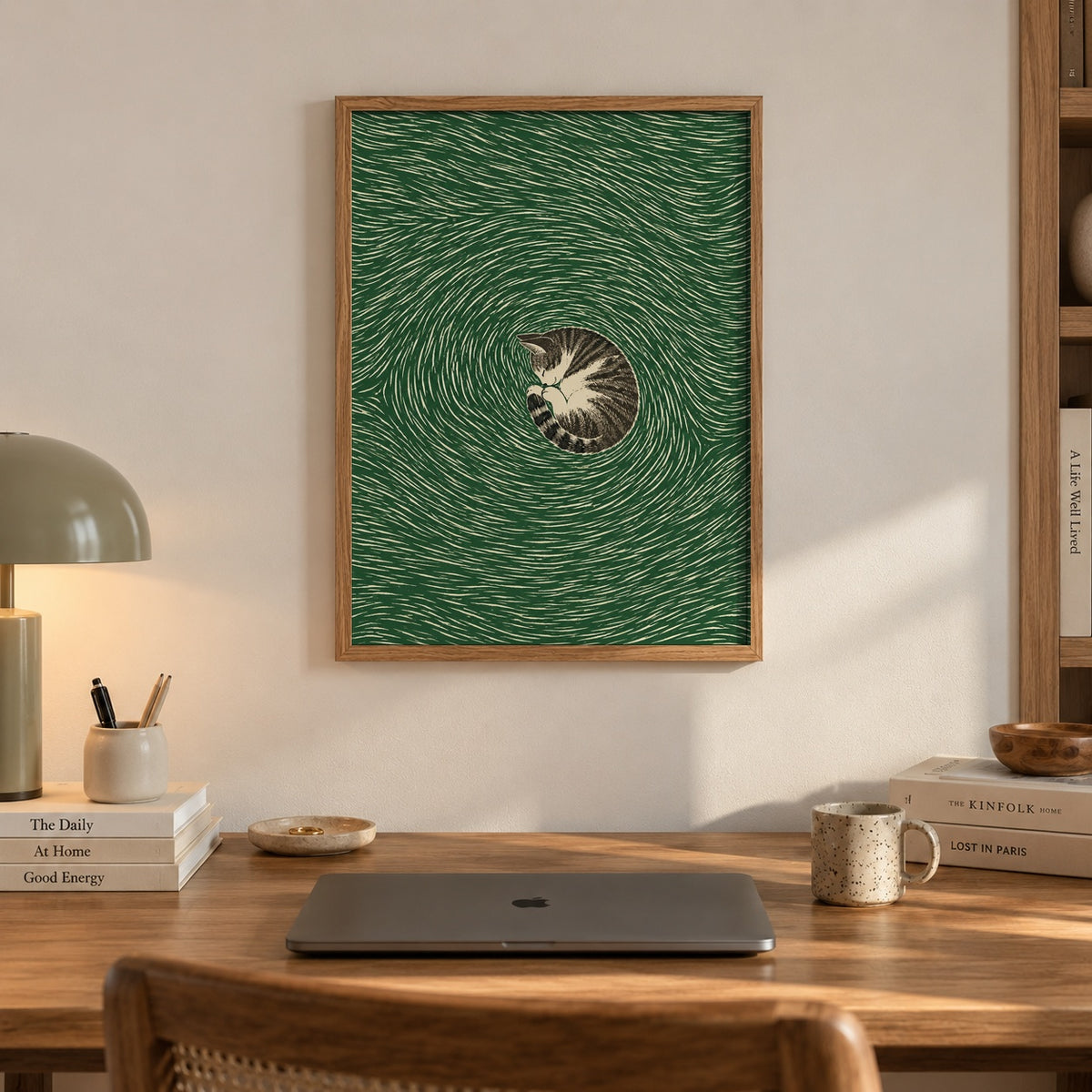 A sleeping tabby cat curls into a tight spiral at the center of swirling emerald linework — artwork print detail