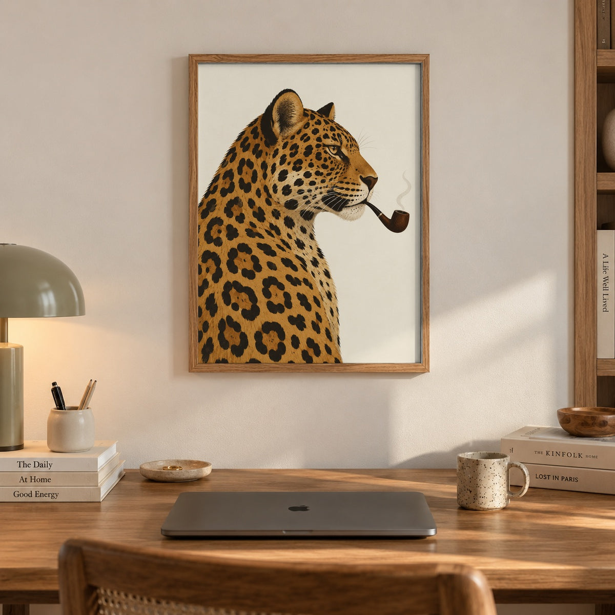 A distinguished leopard poses in profile, calmly puffing on a wooden pipe — artwork print detail
