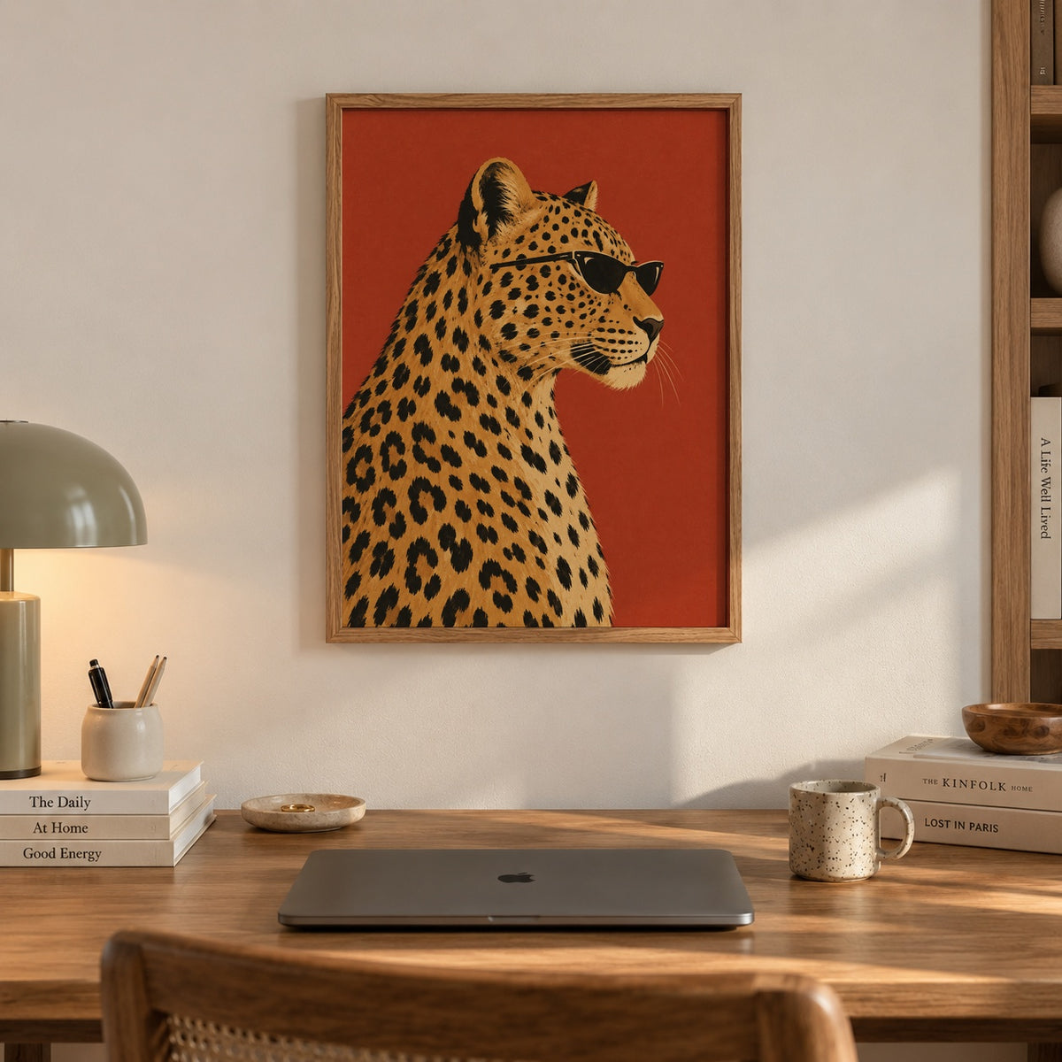 A stylish leopard strikes a pose in sleek black sunglasses against a bold terracotta backdrop — artwork print detail