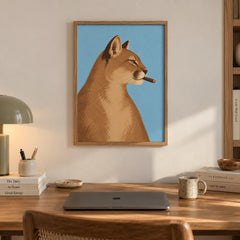 A sly mountain lion strikes a confident pose, cigar in mouth, against a bold sky-blue backdrop — artwork print detail