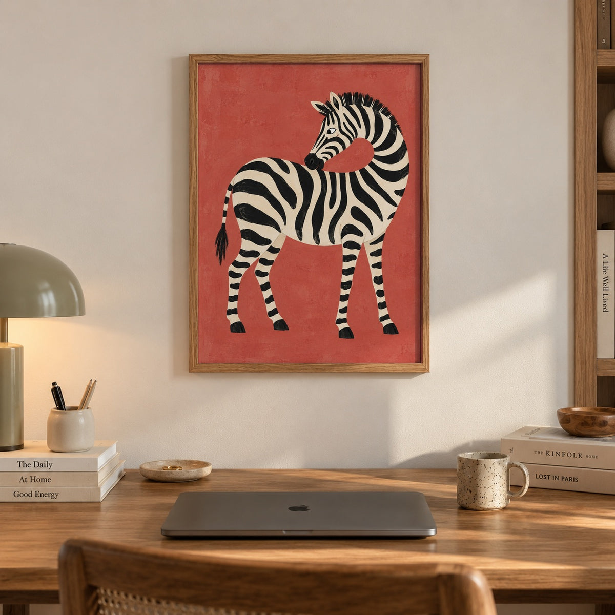 A playful painterly zebra curves its neck against a warm terracotta backdrop — artwork print detail