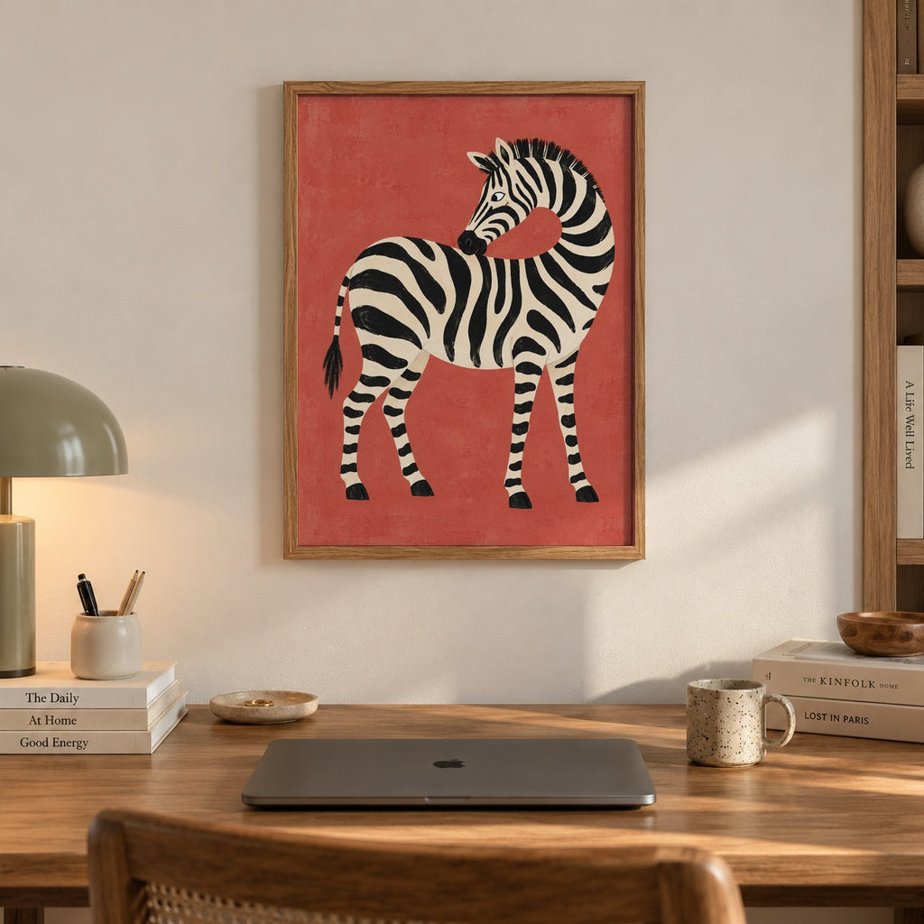 A playful painterly zebra curves its neck against a warm terracotta backdrop — artwork print detail