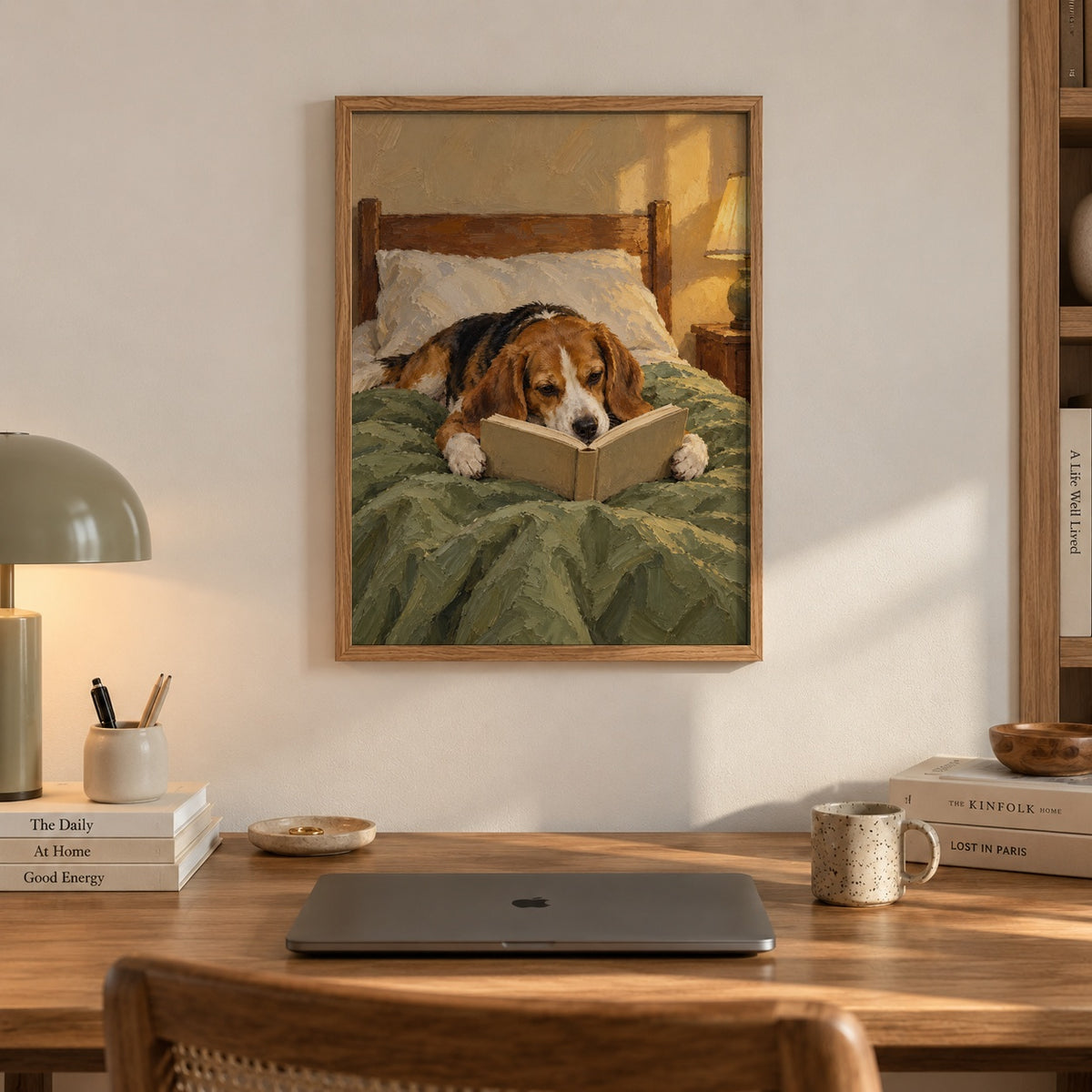 A cozy beagle curls up in bed, nose deep in a book under warm lamplight — artwork print detail
