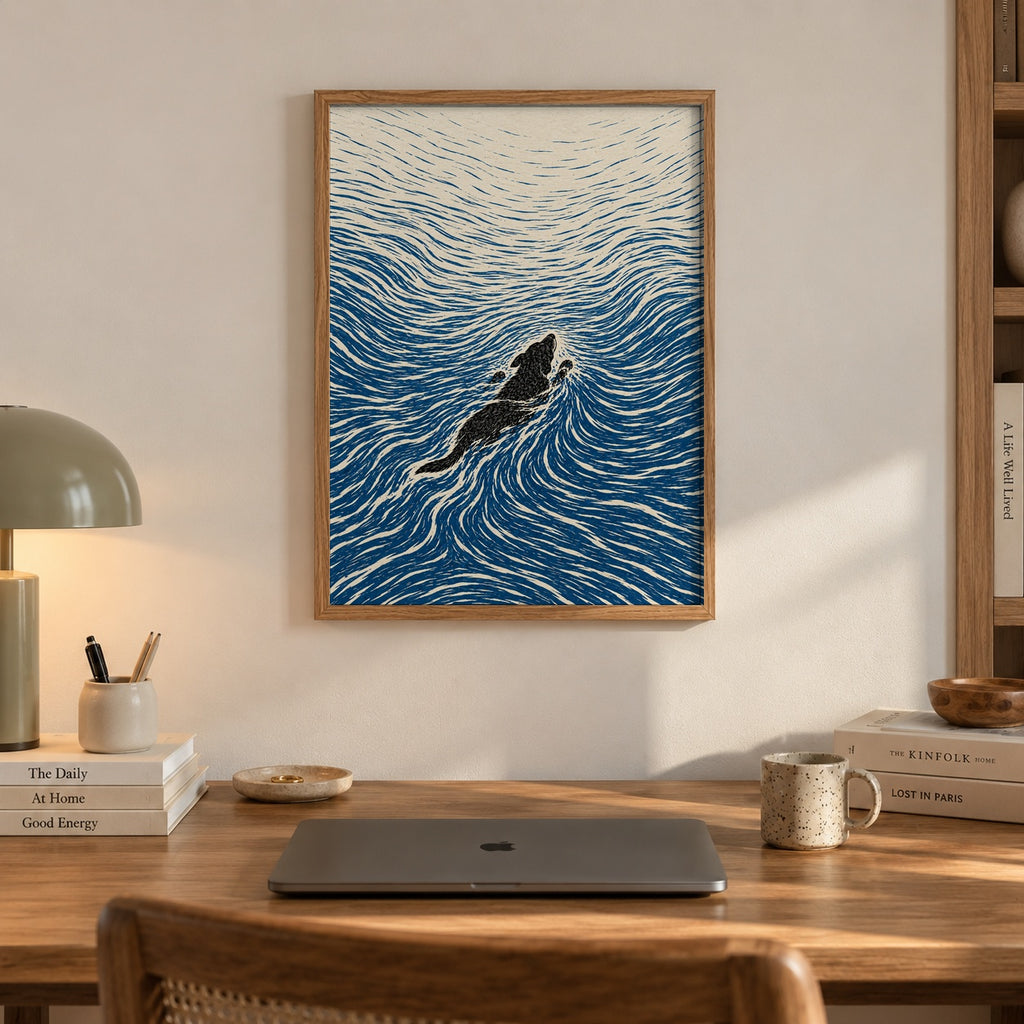 A lone dog paddles through swirling indigo waves in this bold, linework-style illustration — artwork print detail