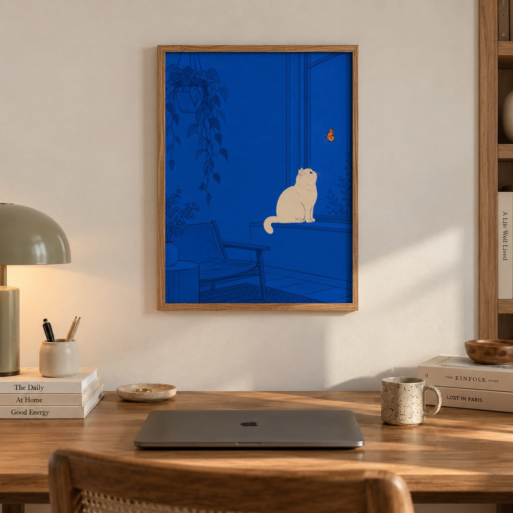 A cream-colored cat perches on a windowsill, captivated by a monarch butterfly fluttering just beyond the glass — artwork print detail