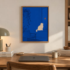 A cream-colored cat perches on a windowsill, captivated by a monarch butterfly fluttering just beyond the glass — artwork print detail