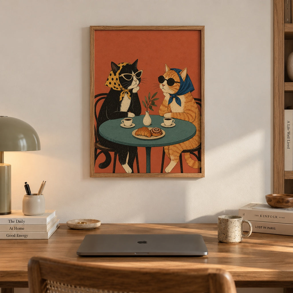 Two stylish cats in sunglasses and headscarves enjoy coffee and pastries at a cozy café table — artwork print detail