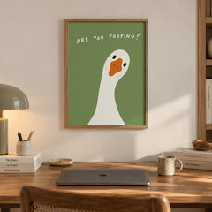 A cheeky goose pokes its head in to ask the one question nobody wants answered — artwork print detail