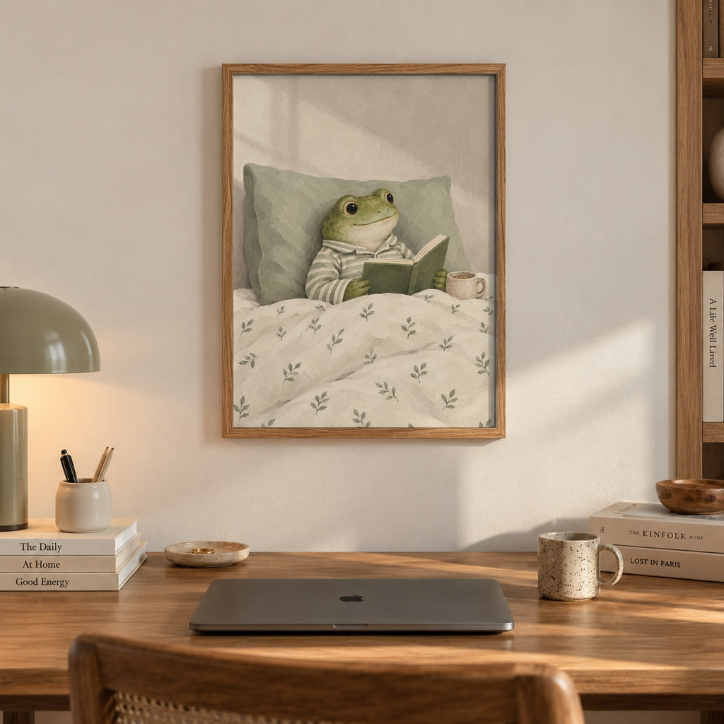 A whimsical frog in striped pajamas enjoys a quiet morning in bed, book in paw and cocoa close by — artwork print detail
