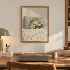 A whimsical frog in striped pajamas enjoys a quiet morning in bed, book in paw and cocoa close by — artwork print detail