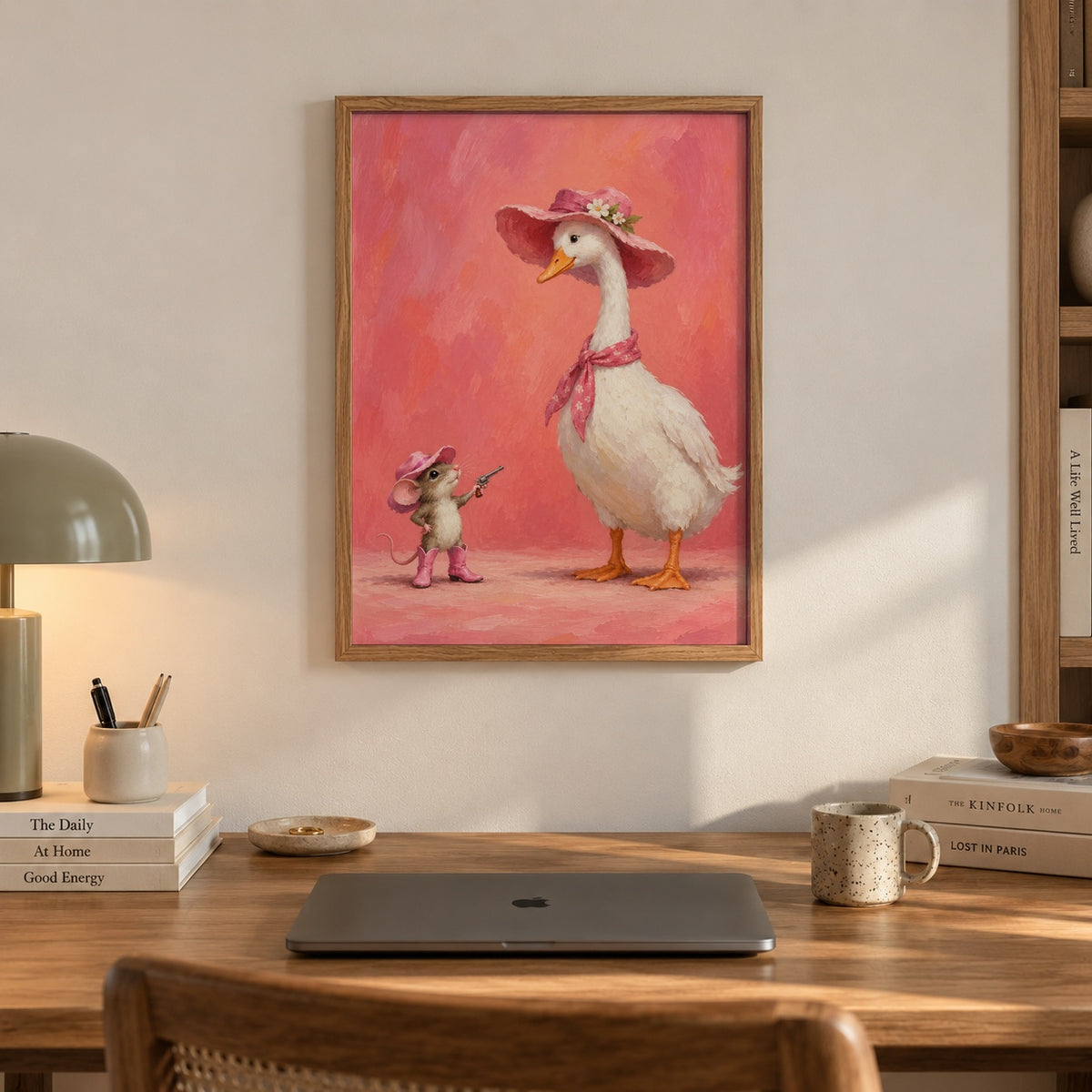 A tiny mouse in pink boots and a floral hat squares off with a ladylike goose in a matching bonnet — artwork print detail