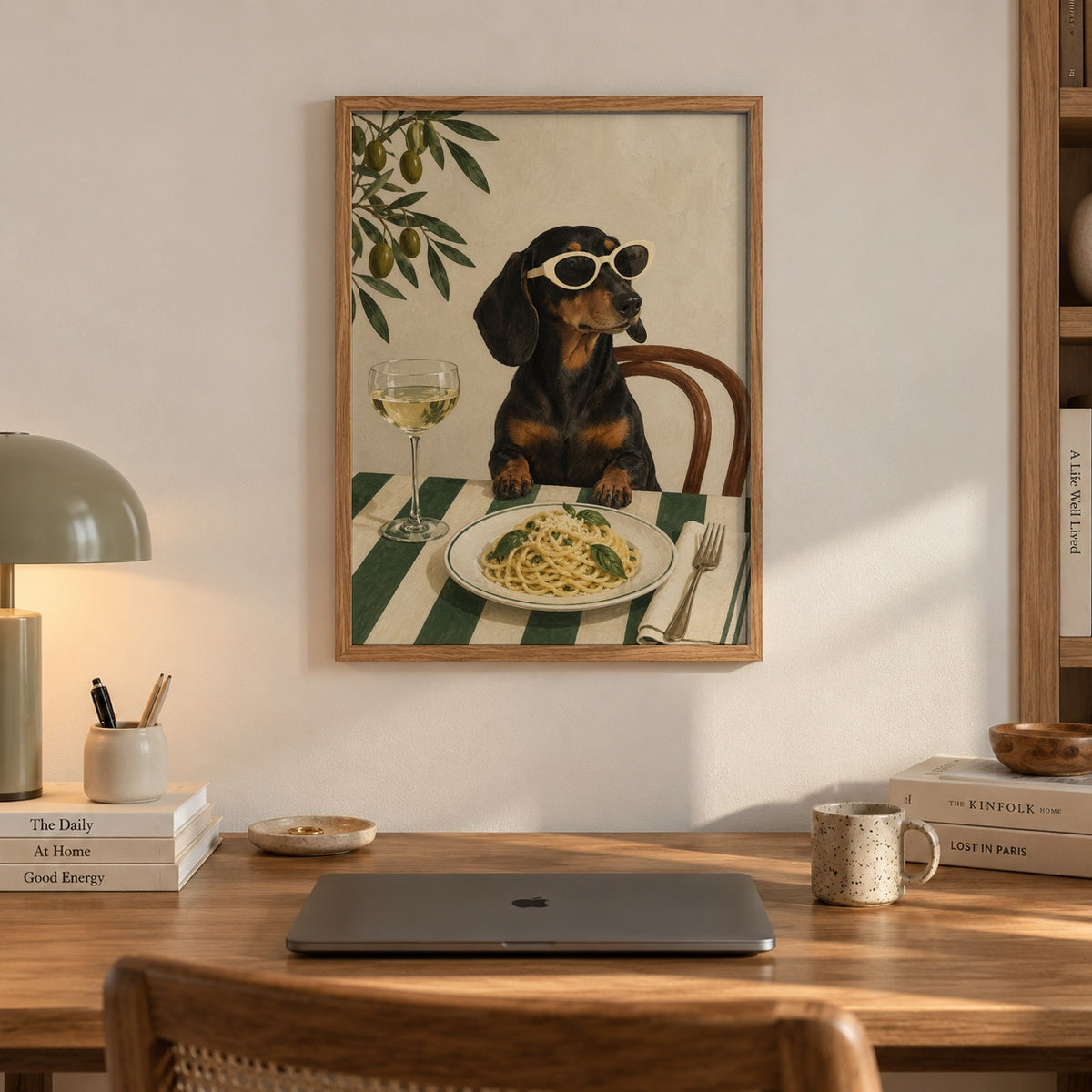 A stylish dachshund dons oversized sunglasses while sitting down to a plate of spaghetti and a glass of wine — artwork print detail