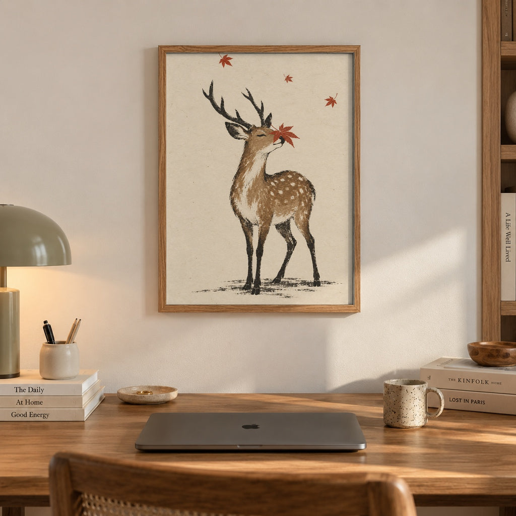 A gentle stag catches a maple leaf on its nose amid a soft autumn breeze — artwork print detail