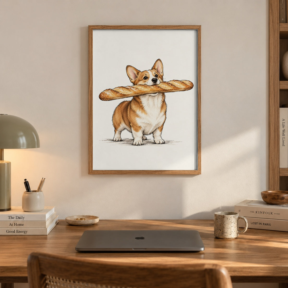 A charming corgi trots along proudly with a fresh baguette in its mouth — artwork print detail