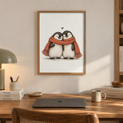 Two sweet penguins huddle close under one cozy red scarf, a tiny heart floating above them — artwork print detail