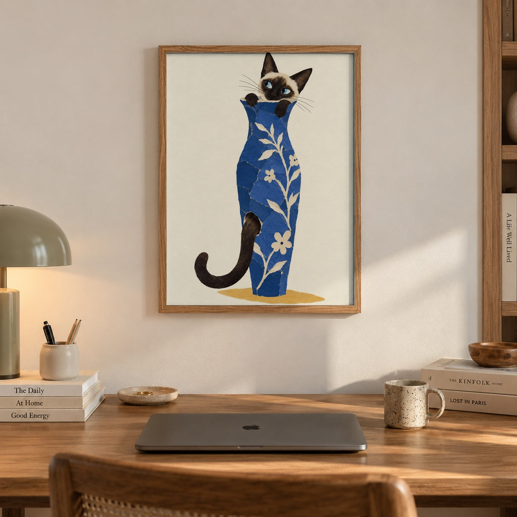 A curious Siamese cat peeks out from a collage-style blue floral vase, tail curling around the base — artwork print detail
