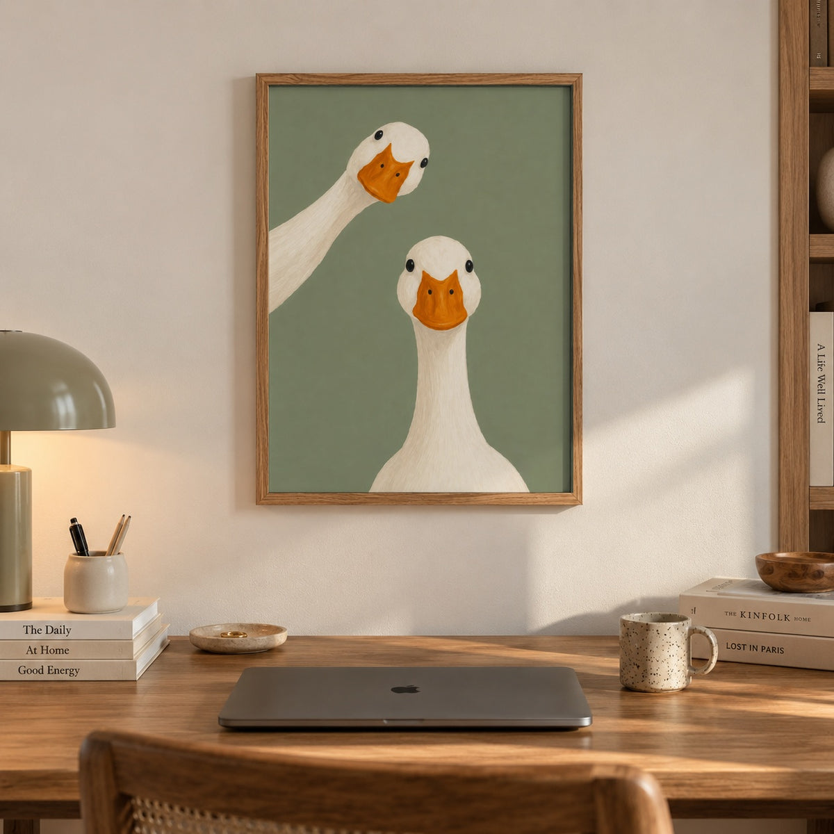 Two white ducks pose with gentle curiosity against a soft sage-green backdrop — artwork print detail