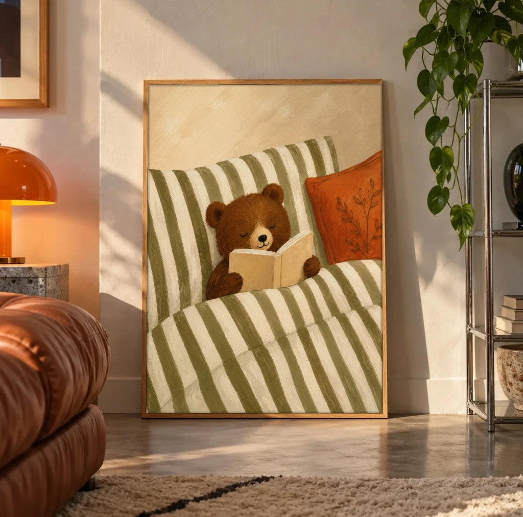 Teddy bear reading poster in a wooden frame leaning against a wall in a warm living room
