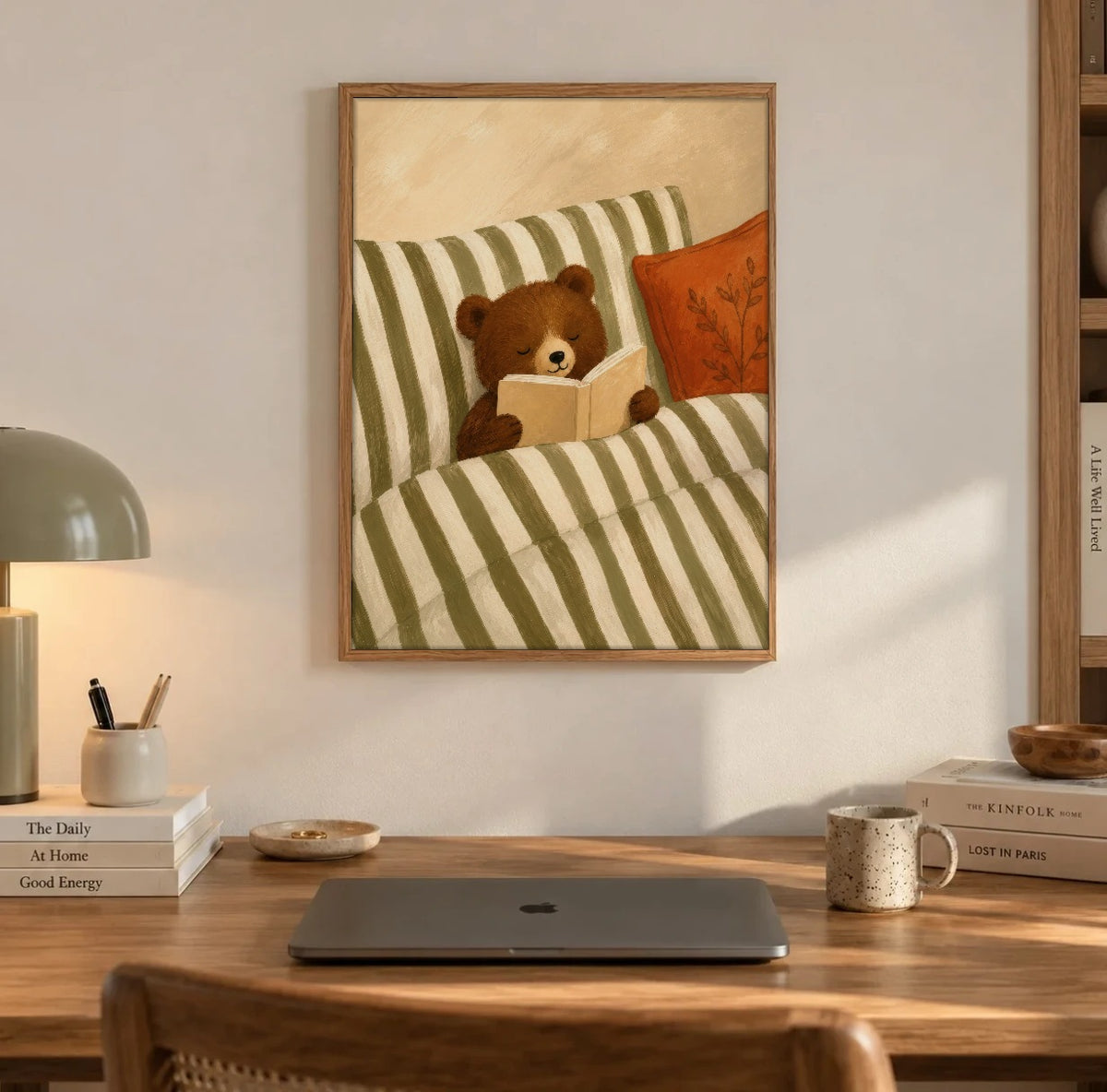 Teddy bear reading poster hanging above a wooden desk