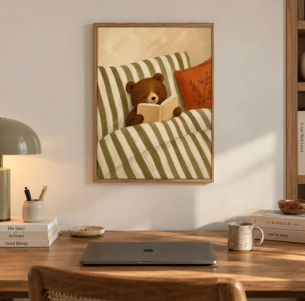 Teddy bear reading poster hanging above a wooden desk