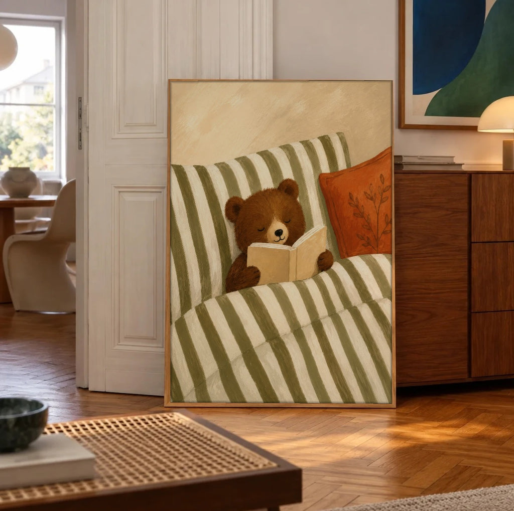 Large teddy bear reading print leaning in a cozy room with herringbone floor