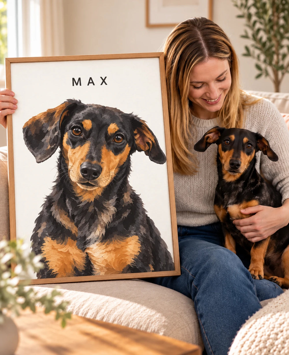 A smiling woman on a sofa holding a framed custom portrait of her dachshund Max, with the dog on her lap