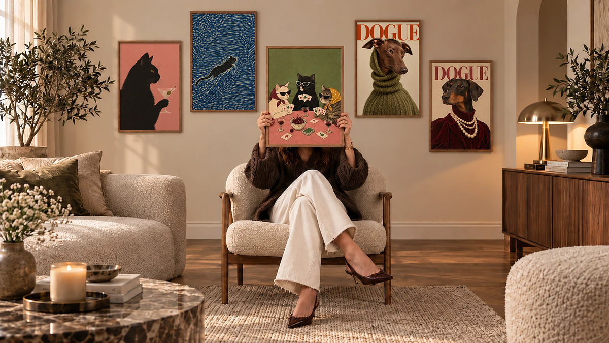 Living room gallery wall with The Fizz Art animal posters