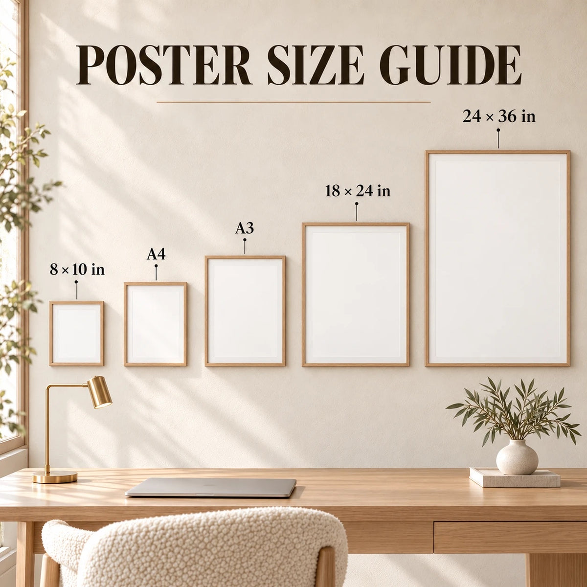 Poster size guide: 8x10 in, A4, A3, 18x24 in, 24x36 in