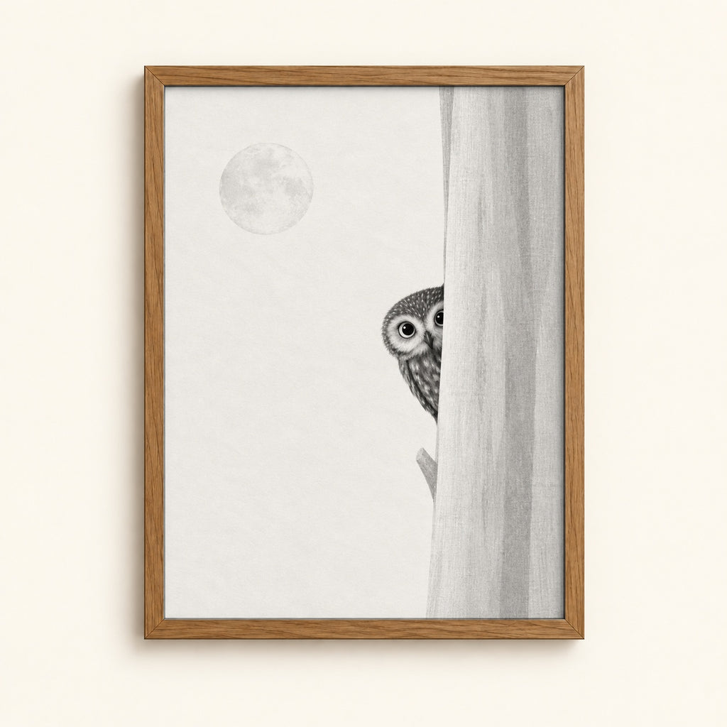 Tiny owl peeking from behind a tree under a full moon — black and white ink wall art print