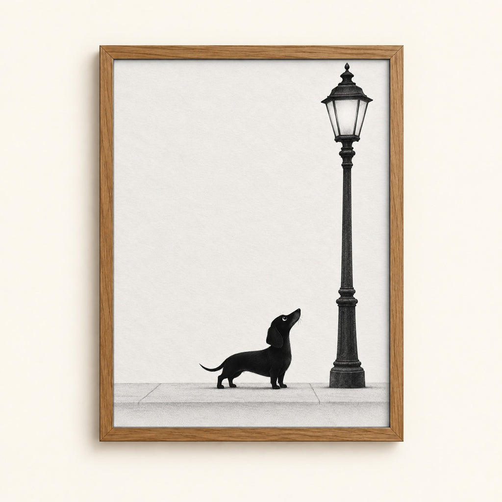 Black dachshund gazing up at a vintage streetlamp — black and white ink wall art print