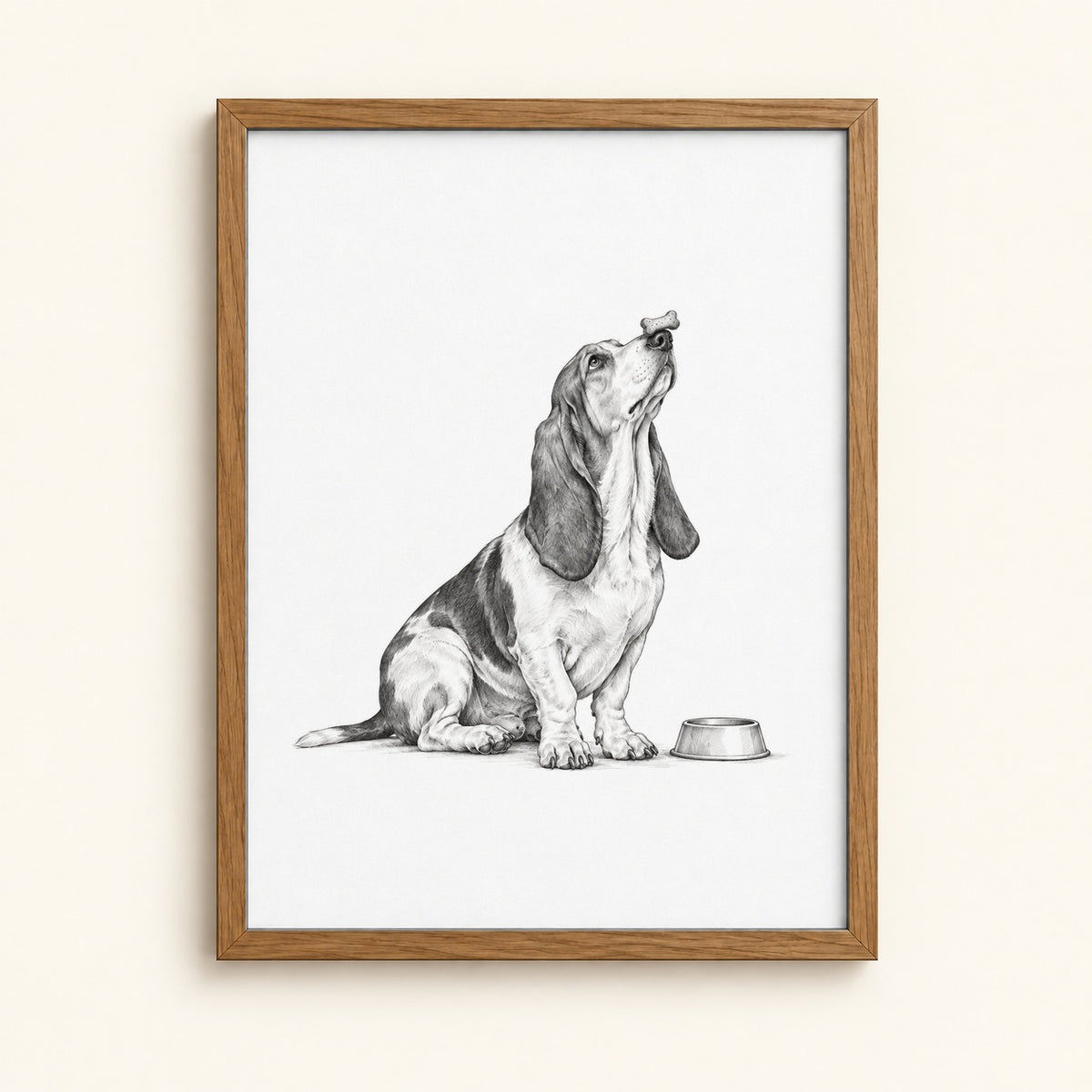 Basset hound balancing a treat on its nose — funny black and white ink dog wall art print