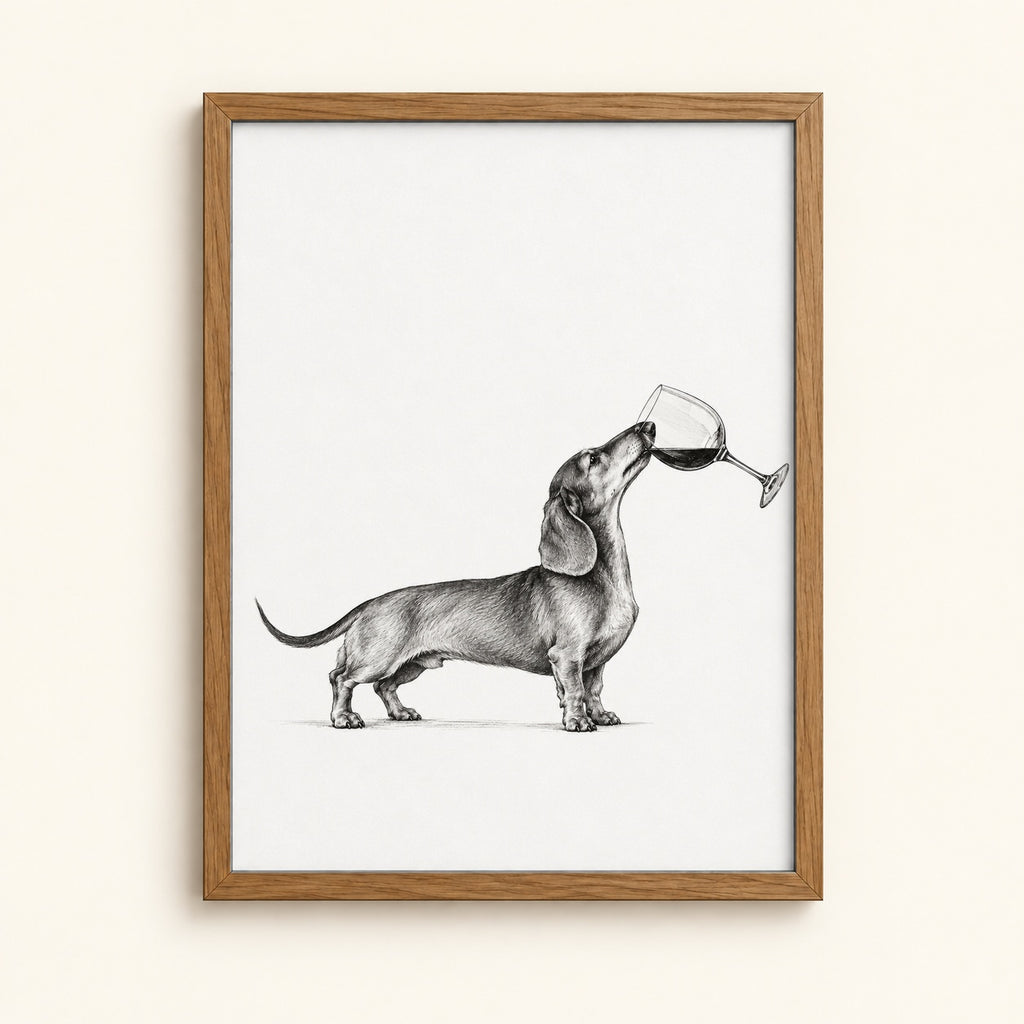 Dachshund balancing a glass of red wine on its nose — funny black and white ink dog wall art print
