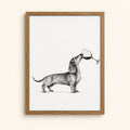 Dachshund balancing a glass of red wine on its nose — funny black and white ink dog wall art print