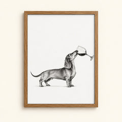 Dachshund balancing a glass of red wine on its nose — funny black and white ink dog wall art print