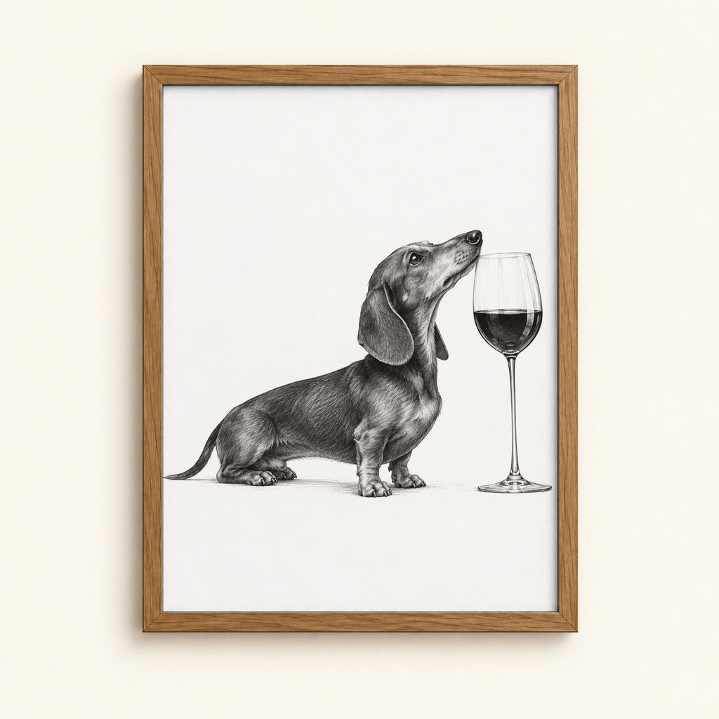 Dachshund sniffing a glass of red wine — black and white ink dog wall art print