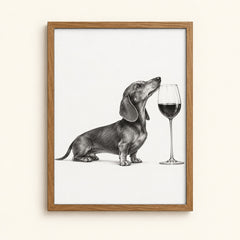 Dachshund sniffing a glass of red wine — black and white ink dog wall art print