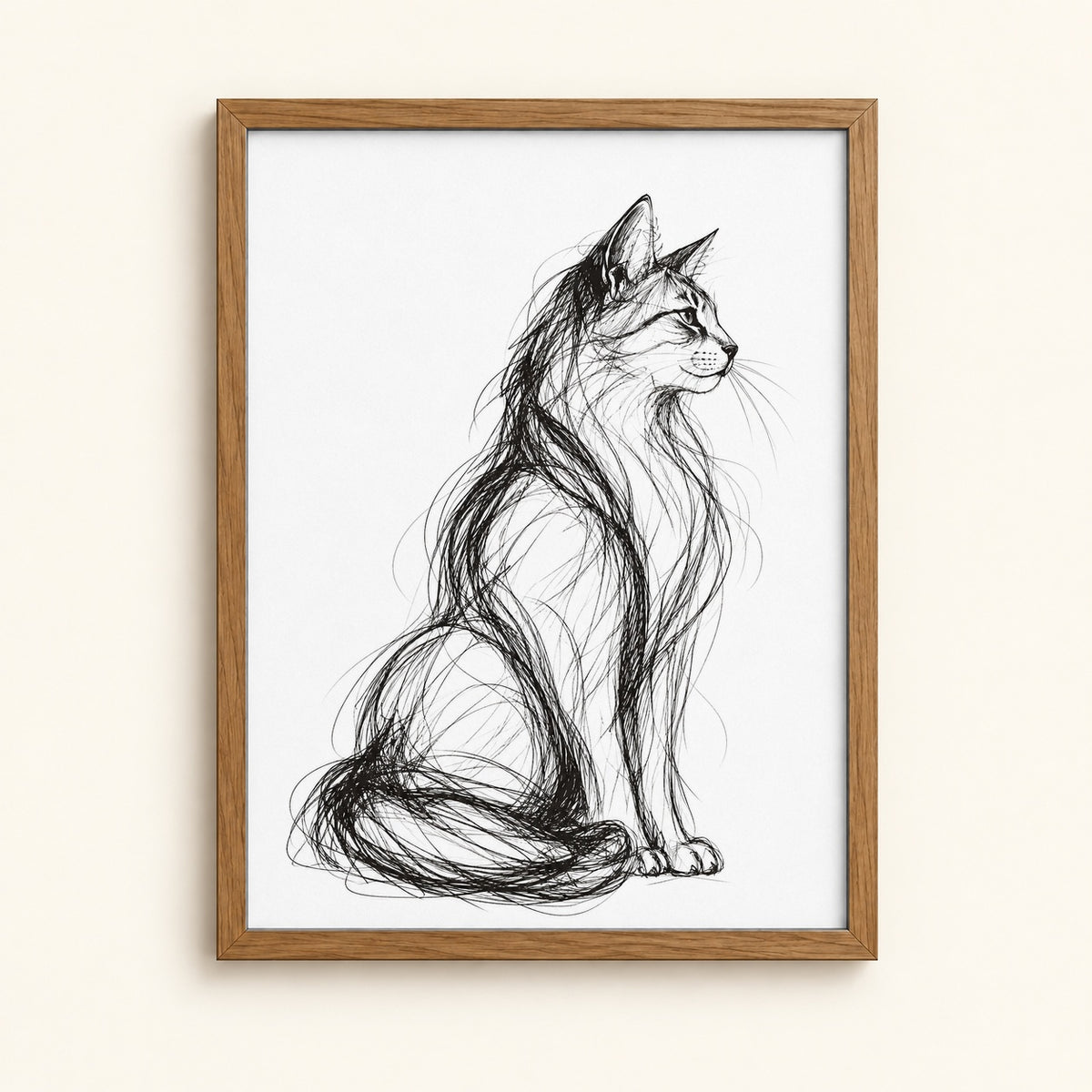 Minimalist pen sketch of a cat sitting tall — black and white cat wall art print