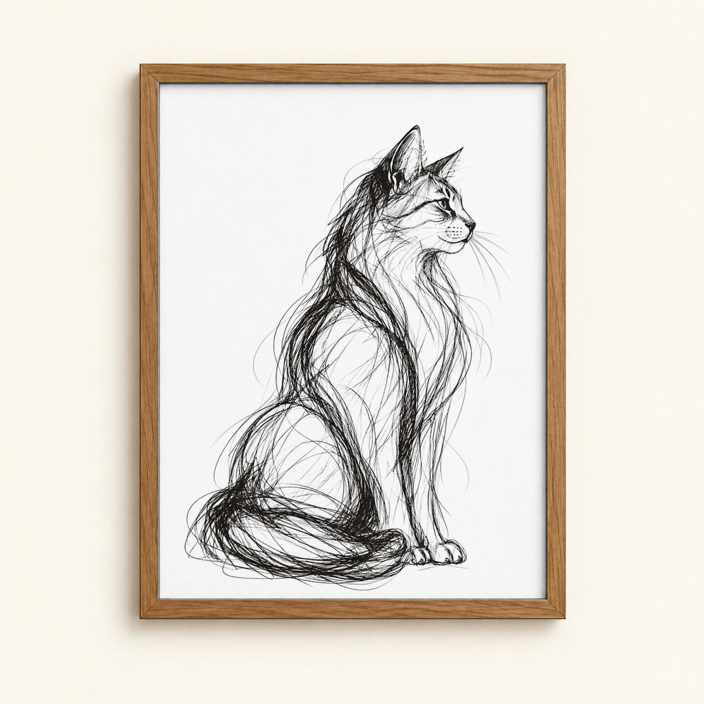 Minimalist pen sketch of a cat sitting tall — black and white cat wall art print